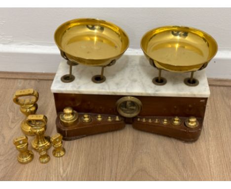 French Napoleon III marble top bakery balance scales with brass weights 