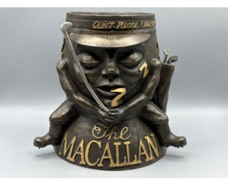 The Macallan sleeping barrel ice bucket, figural golf themed advertising piece, item is embossed with “quiet please! Whisky s