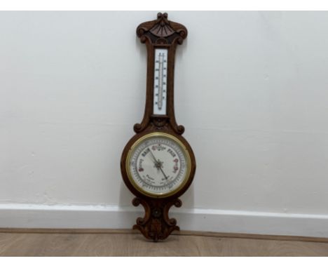 Antique quality carved oak banjo wall hanging barometer - H82cm 