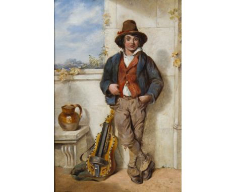 H. BRIGHT. Framed, signed, dated 1869, oil on canvas, full length portrait of a boy, with stinged instrument and water jug le
