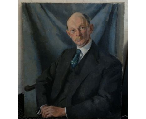 Unframed, indistinctly signed, oil on canvas, half length portrait of a gentleman, 76cm x 64cm.