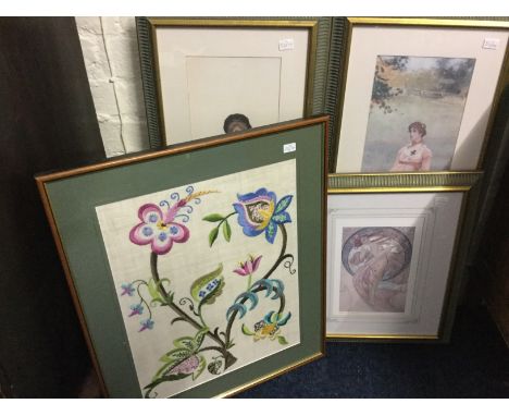 Two framed wall mirrors, a pair of framed prints of ladies, another framed print and a framed embroidery.
