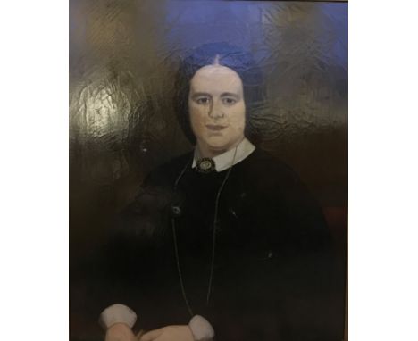 Framed, unsigned, mid 19th Century oil on canvas, half length portrait of a woman in black dress and hat, wearing a pearl bro