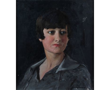 ALLAN DOUGLAS DAVIDSON R.O.I., R.B.A. (1873 - 1932) Framed, signed, oil on board, bust length portrait of a woman with short 