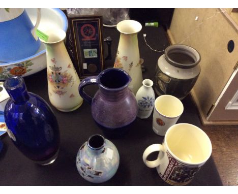 Lot to include a pair of Corwn Devon Fieldmgs vases, a Wedwood commemorative mug, Poole pottery vases, Demby vase etc.