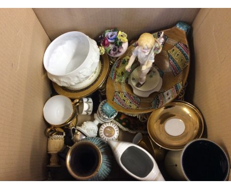 Two boxes of various ceramicware including Goebel figurine, West German vase, commemorative lidded pots, teaware including Ro