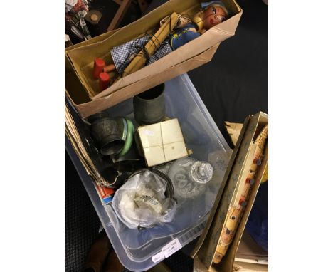 A lot to include boxed Pelham Dutch girl puppet, Queen Mary ship toy, Wedgwood jasper ware biscuit barrel, assorted coins inc