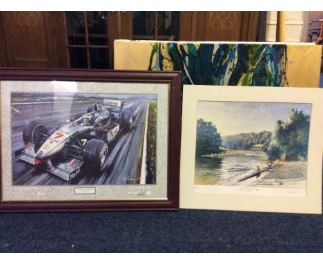 A collection of assorted pictures and prints, including a signed limited edition Racing car print.