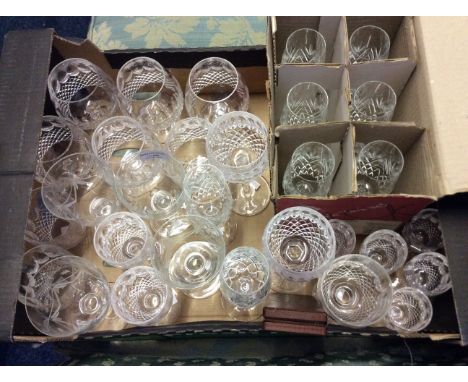 A collection of cut glass ware to include Waterford, thirty in all and wine thermometer.