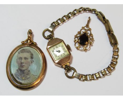 Ladies Rotary 9ct gold cased 15 jewels 5/390 wristwatch, strap marked RG - 9ct gold pendant set with single garnet 1.5g and 9
