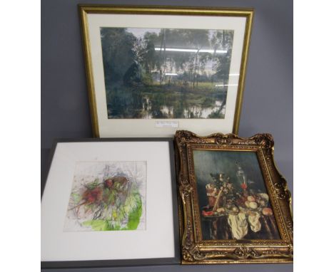 3 framed pictures - signed modern art, gilt framed print and Rye Water, County Kildare, William Davis print&nbsp;