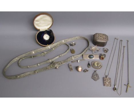 Silver jewellery including brooches, rings, necklaces, pendants, earrings etc also white metal belt and smaller similar piece