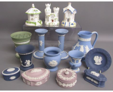Wedgwood Jasper ware in dark blue, light blue, green and lilac, includes 'The Dancing Hours' Danbury Mint Exclusive candlesti