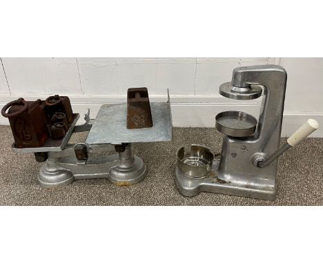 Manual burger making machine &amp; a set of scales with weights