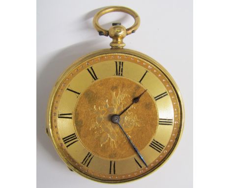 Continental open faced key wind pocket watch - floral engine turned design to face, decorated back, stamped warranted 18k on 