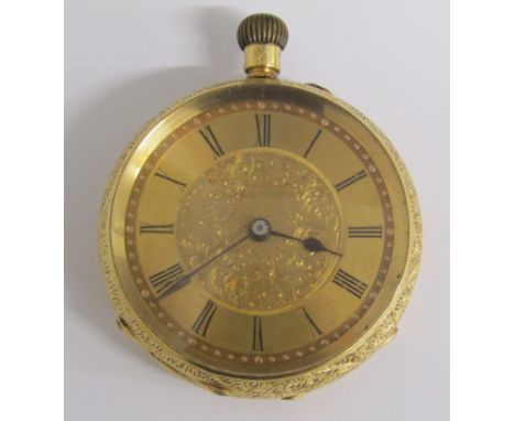 18k Swiss made gold open faced pocket watch with engine turned dial and floral design - engraved to rear with harp and horses