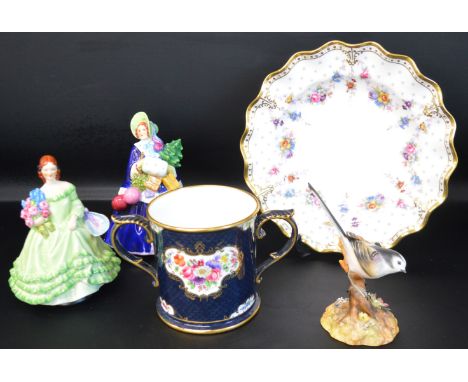 Royal Worcester hand painted loving cup with floral cartouche signed E Philips &amp; dated 1927, 2 Royal Worcester figurines 