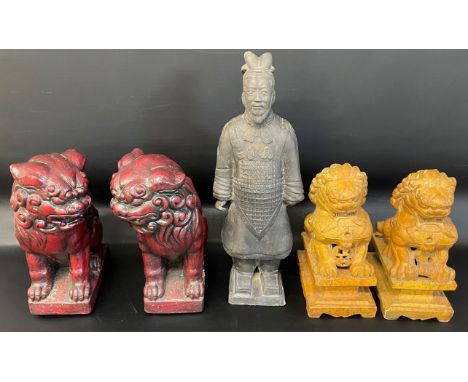 Pair of red cast foo dogs, pair of carved stone foo dogs &amp; a Chinese Terracotta Army figure&nbsp;
