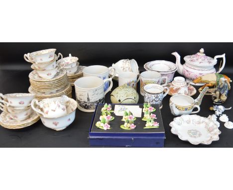 Royal Doulton rosebud pattern tea service with gilt decoration, Crown Staffordshire place name holders, commemorative mugs, l