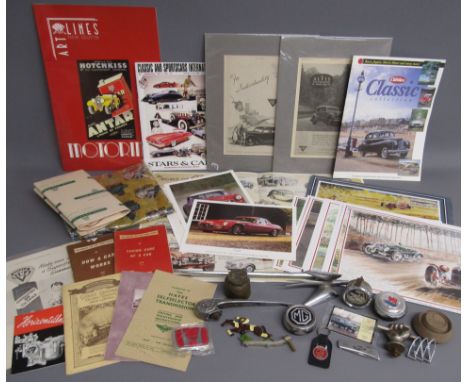 Car collection includes Swallow, Morris Minor and fist car mascots, caps, leaflets, booklets, scarf, pictures, Art Lines post