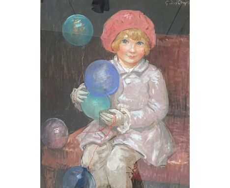 Framed pastel portrait of a young girl with balloons by&nbsp;Gertrude Des Clayes 170cm by 240cm&nbsp;