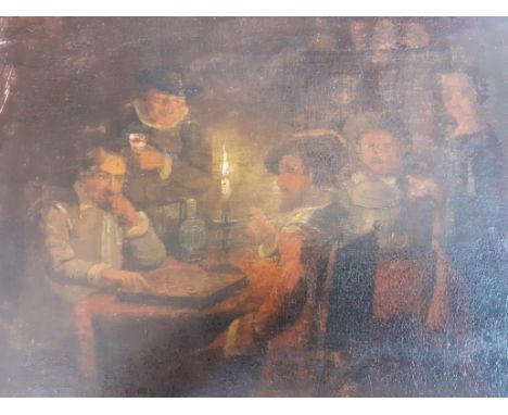 Continental antique oil on panel depicting interior scene with seated figures in 16th century dress, playing draughts by cand