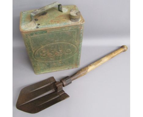 Green Esso petrol can with brass screw cap and WWII folding trench spade