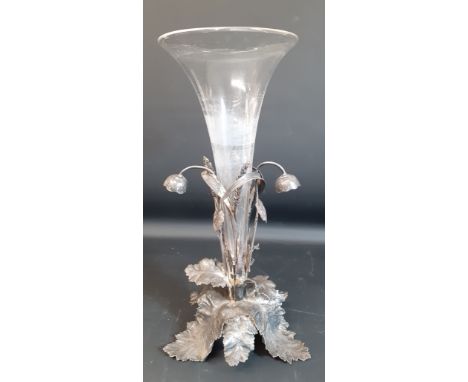 Early 20th century epergne comprising white metal naturalistic stand and clear glass trumpet vase 37.5cm tall