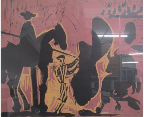 Framed Pablo Picasso offset lithographic of the linocut print entitled 'Before the goading of the bull' published in New York