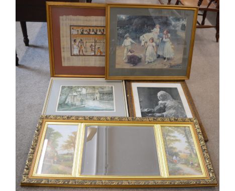Decorative wall mirror, large framed papyrus, Sam Chadwick signed print &amp; 1 other print&nbsp;