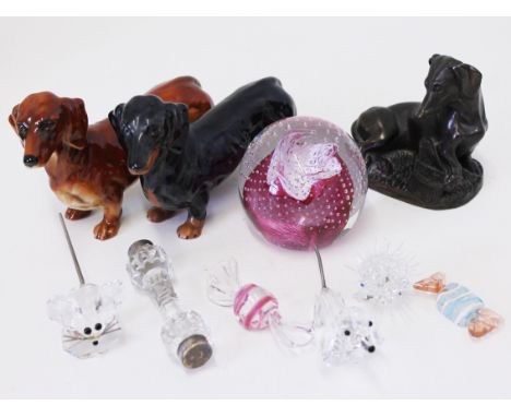 A mixed lot to include two Goebel dogs, a glass paperweight and other ornaments. Condition - all items appear damage free, ge