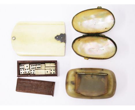 A mixed lot comprising an ivory notepad, miniature dominoes, a shell snuff box and a horn snuff box