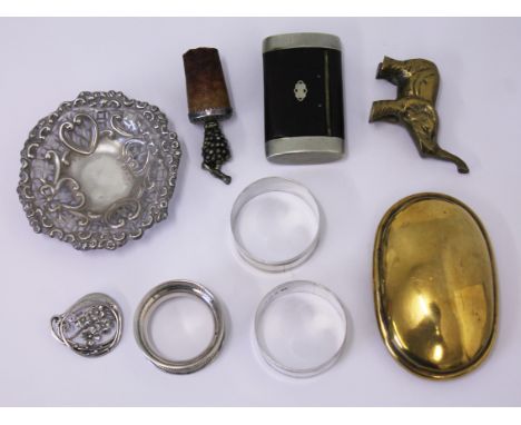 A mixed lot of hallmarked silver comprising a tray, three napkin rings and a brooch together with a snuff box and other small