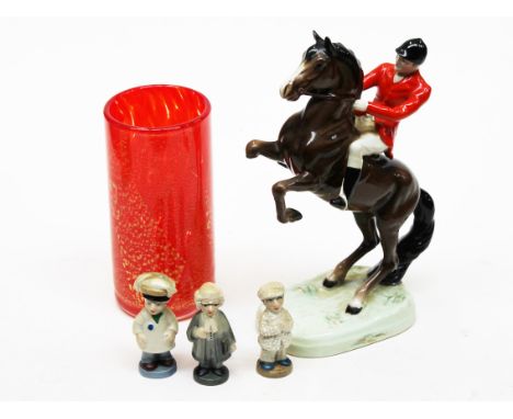 A Beswick huntsman (damaged), three Wade figures and a Mdina glass vase. Condition - horse's leg currently snapped off, the o