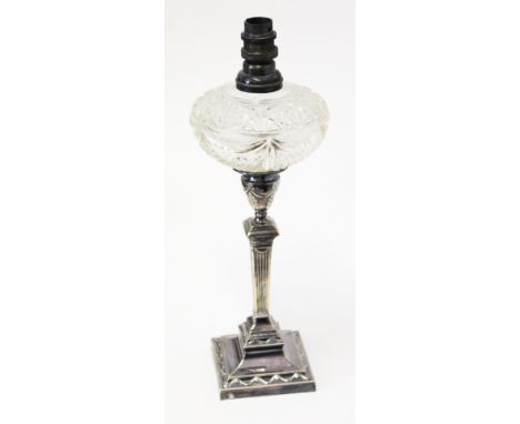 An EPNS neo classical style lamp. H34cm Condition - good, wear to plate, minor scratches to glass.