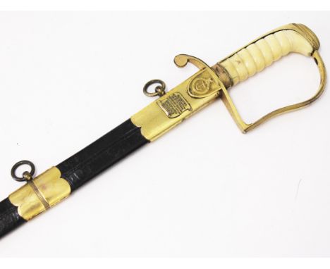 A Naval dress sword by Salter with ivory handle and leather scabbard. L88cm. Condition - blade rusty and has a ding to edge, 