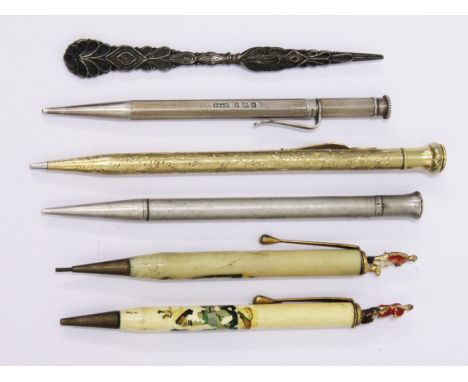 Two hallmarked silver pencils, a gold plated pencil, two vintage hunting pencils and a tooth pick