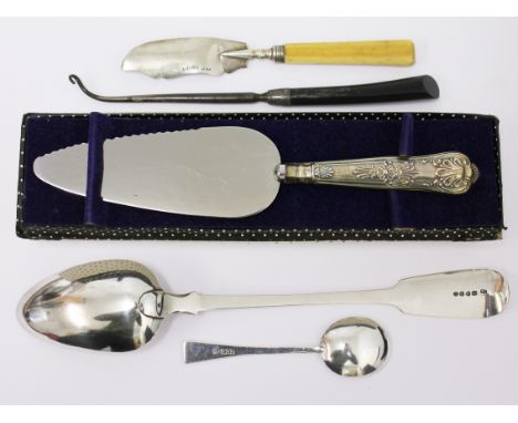 A mixed lot of hallmarked silver cutlery and a button hook