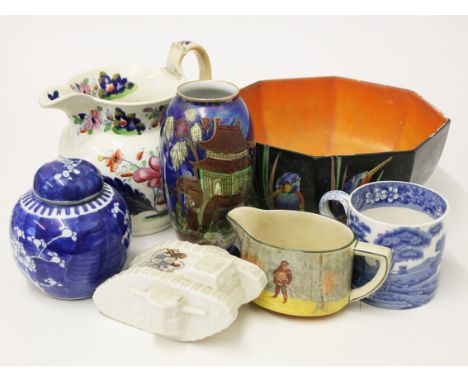 A mixed lot of pottery and porcelain comprising a Carlton Ware vase, a 19th Century Robert Wilkinson jug, a Shelley bowl, a C