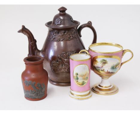 A mixed lot of 19th century pottery/porcelain comprising a treacle ware tea pot, a stoneware jar having transfer printed hunt