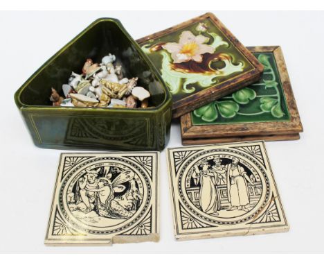 A mixed lot comprising a Holdcroft triangular jardiniere, two Mintons tiles, Wade Whimsies etc. Condition - both minto tiles 