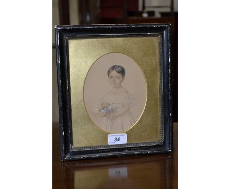 English School (19th century)Portrait of a Young Girl, Holding a basket of Flowerswatercolour, oval, 16cm x 12.5cmInscribed t