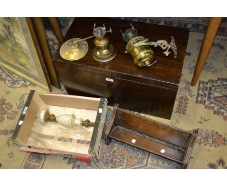 A large rectangular box; an oak book rack; a brass lamp; an alabaster table lamp; etc 