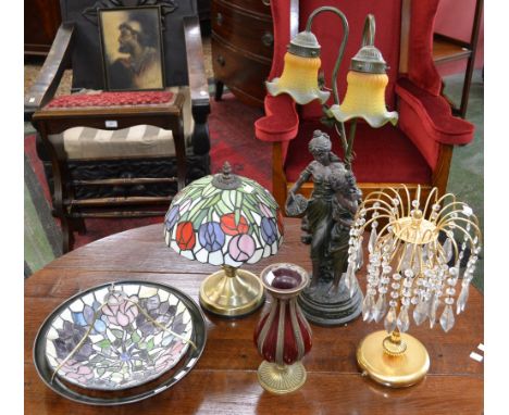 A reproduction Art Nouveau style table lamp; a stained glass table lamp; a similar uplighter; other lamps; qty