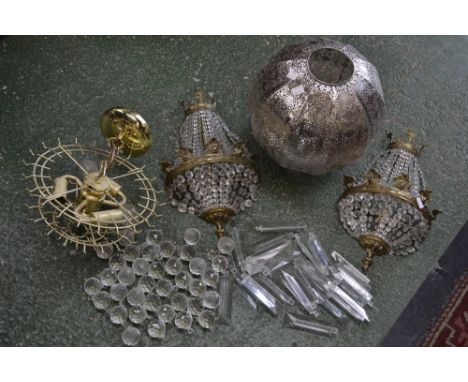 Lighting - a pair of ceiling lights with prism droplets; another pair similar; a pair of wall lights with beaded glass drople