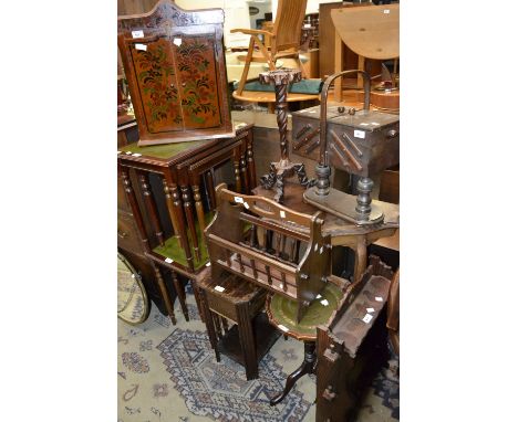 An Edwardian cut down side table; two mahogany nest of tables; magazine rack; three tier wall shelf; smoking stand; decorativ