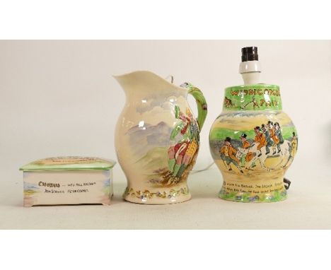 Crown Devon items to include: Widecombe Fair musical box, similar lamp base &amp; Roamin in the Gloamin' musical jug. (3) 