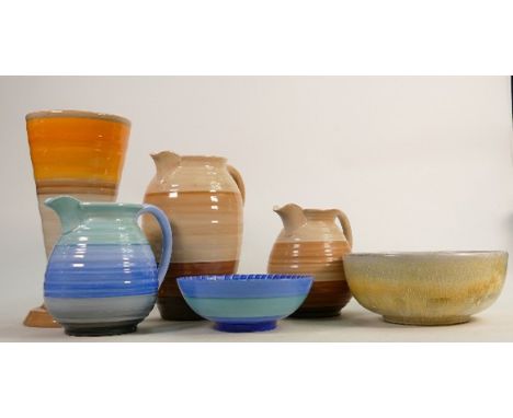 A collection of Shelley Harmony ware lamp base, bowls, jugs &amp; vases: Varying shapes, height of tallest 25cm. (7) 
