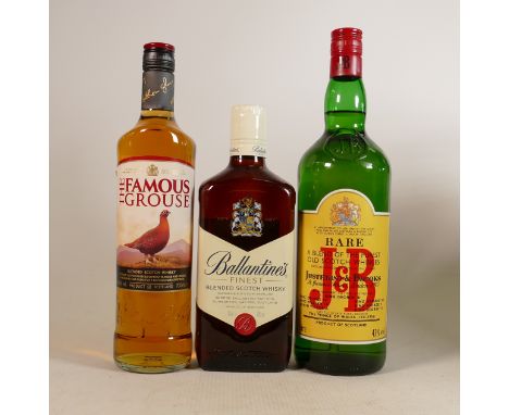 Three bottles of blended Scotch Whisky to include: J &amp; B 1ltr, Famous Grouse 70cl &amp; Ballantines 70cl. (3) 