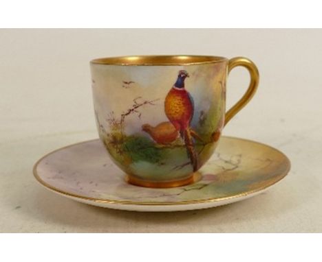 Royal Worcester hand painted cup &amp; saucer: Signed R Austin, decorated with pheasants &amp; foliage. 